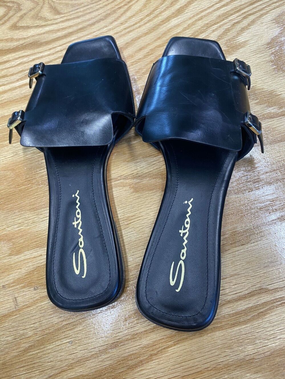 Santoni Slide Sandals Womens 7.5 Black Leather Double Buckle Open Square Toe S43